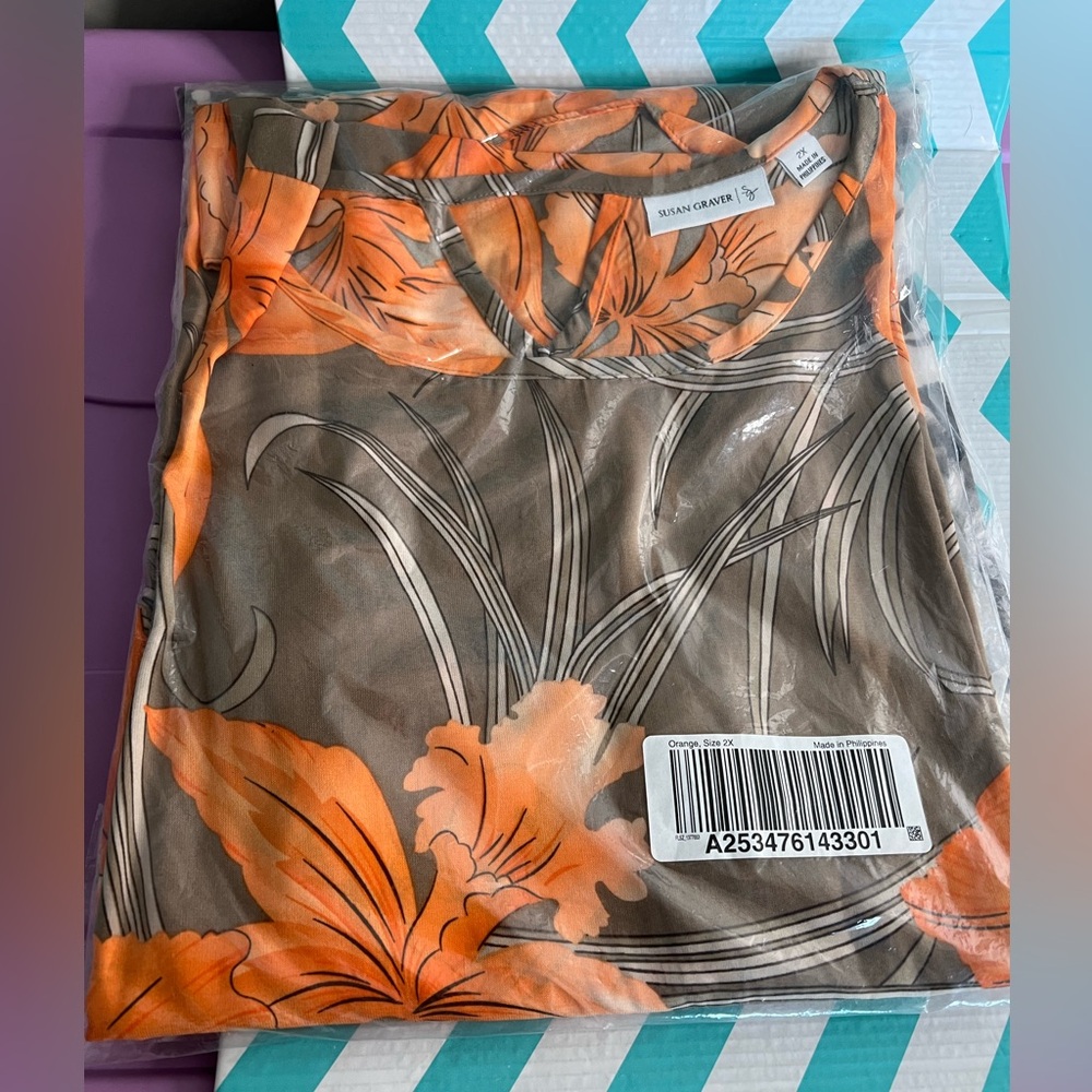 Susan Graver NWT Split Sleeve Scarf Floral Orange Brown Blouse Plus Size 2X